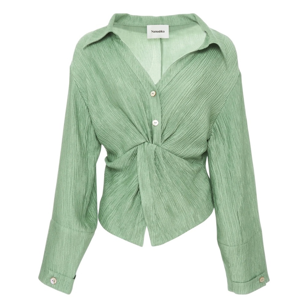Nanushka Green Silky Pleated Long Sleeve Collared Twist Front Blouse Size Large
